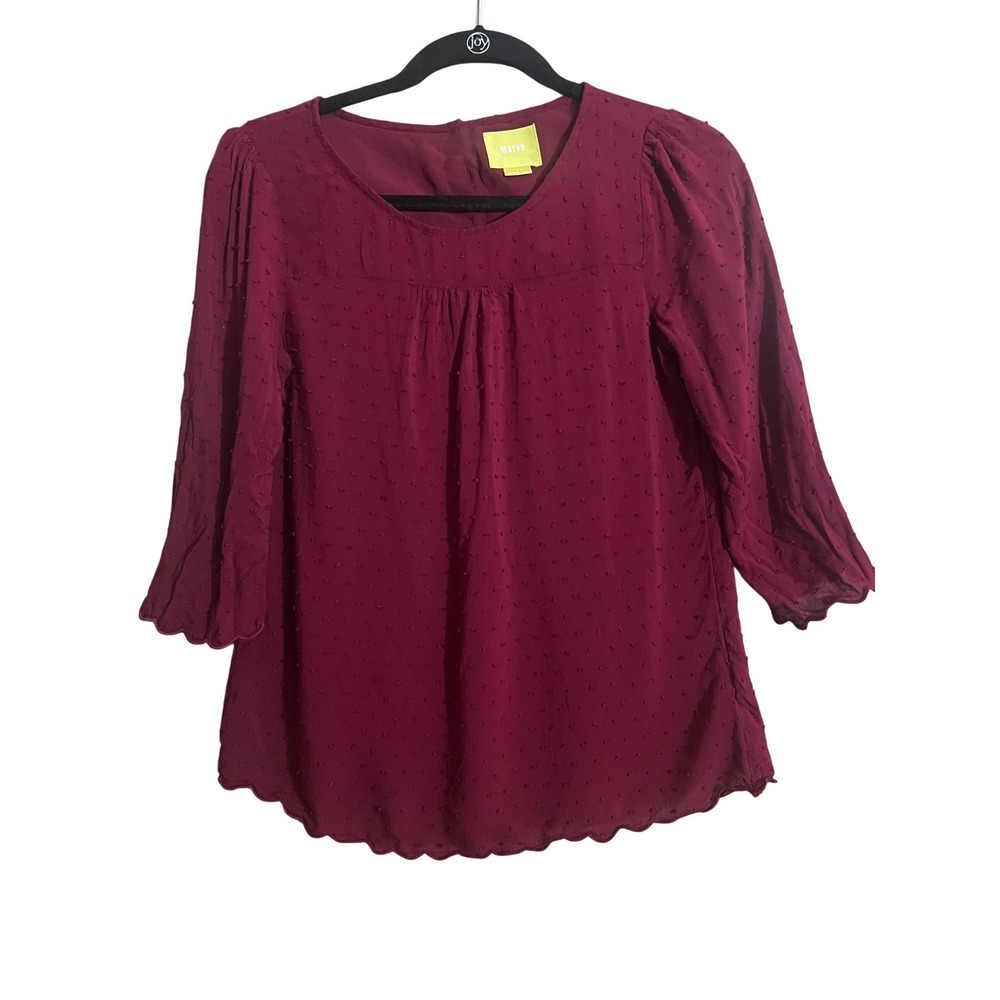 Maeve Anthropologie‎ Womens Burgundy Swiss Dot Scalloped Hem Blouse Top Size 4